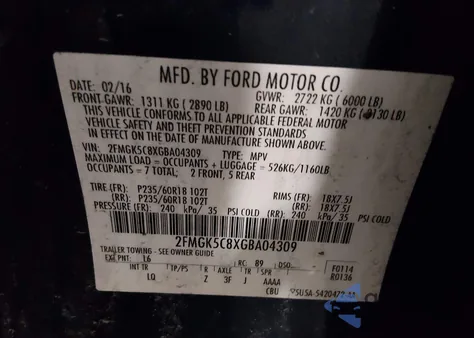 2016 Ford Flex Sel from USA, damaged, VIN 2FMGK5C8XGBA04309